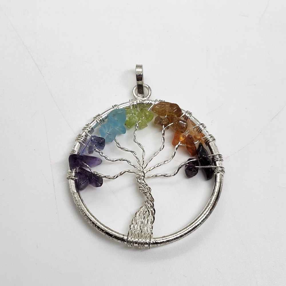 Tree Of Life Pendant Semiprecious Gem Stones Silver‎ Tone Chakra Wire Wrapped